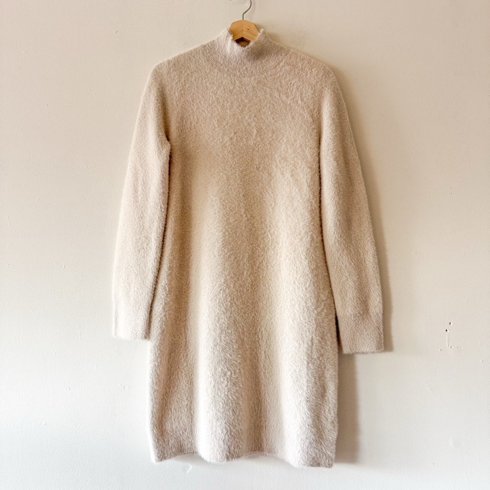 BAILEY/44 Women's Beige Fluffy Mock Neck Tight-Knit Pullover Sweater Dress L - Picture 2 of 11